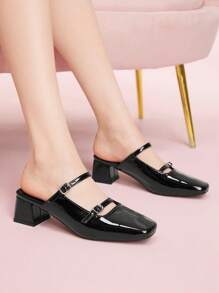CUCCOO DOLLMOD Square Toe Thick Heels Fashion Minimalist Ladies' High Heels, Sweet Vintage College Style For Summer Vacation Outfit - Black - View 3