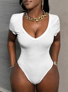 SHEIN PETITE CURVE Plus Size Casual Solid Color Short Sleeve Bodysuit, Summer - White - View 7