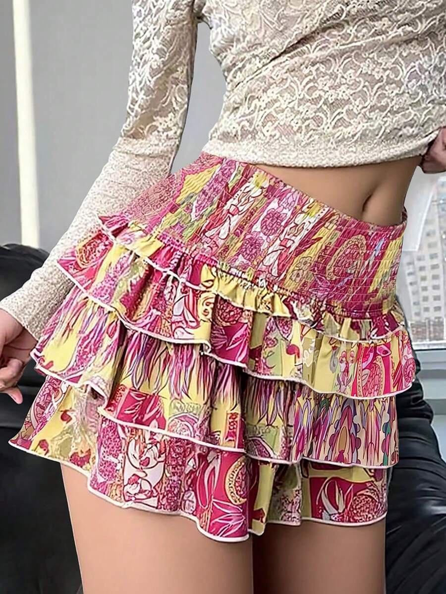 SHEIN EZwear 佩斯利印花荷叶边下摆休闲迷你裙，适合度假 - 彩色 - 查看 1