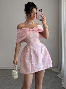 Rafferiza Women's Spring/Summer Off-The-Shoulder Bowknot Neck Jacquard Fabric Mini Skirt - Pink - View 3