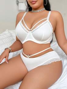 SHEIN 2pcs/Set Plus Size Women's Solid Color Sexy Lace Patchwork Lingerie Set, Lift - White - View 5
