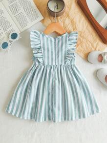 Baby Girl/Infant/Toddler 0-3 Years Old Casual Elegant Resort Blue & White Stripe Heart & Flared Cap Sleeve Loose A-Line Dress, Perfect For Outings - Green - View 2