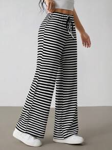 SHEIN PETITE Women's Front Tie Striped Casual Pants - Black and White - View 7