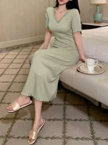 DAZY Minimalist Knitted Fitted Lace Patchwork V-Neck Loungewear Dress - Green - View 5