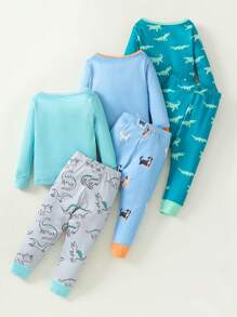 Snug Fit Toddler Boys Dinosaur And Dog Print Long Sleeve Top And Long Pants Pajama Set, Featuring Vibrant Colors And Detailed Designs, Casual And Fun Style Suitable For Young Children,Tight Fit Pajama Baby Sets Boys Toddler Pajama Sets