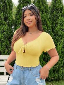SHEIN EZwear Women Plus Size Summer Waffle V-Neck Chest Tie Bow Cropped Solid Color T-Shirt - Yellow - View 6