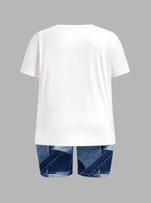 Slaydiva 2 pezzi Set da donna casual e carino composto da maglietta a maniche corte con stampa grafica di orsetto in effetto jeans e pantaloncini stampati, per l'estate