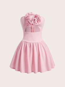 Glamine Vestido curto feminino de cor sólida, sem alças, vazado, com flores 3D - Rosa chiclete - Visão 7