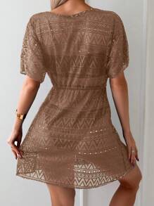 SHEIN Swim Women's Vacation Beach Solid Color Hollow See-Through Coverup Dress For Summer - Khaki - View 2