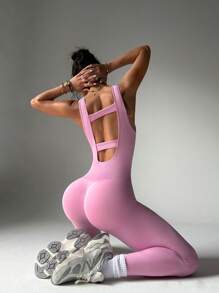 Gameset SHEIN Sport Women's Solid Color Elastic Seamless Perforated Activewear Jumpsuit - Pink - View 7