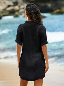 Swim Vcay Women's Summer Collared Half Sleeve Casual Vacation Beach Solid Chiffon Swimwear Cover Up - Black - View 3