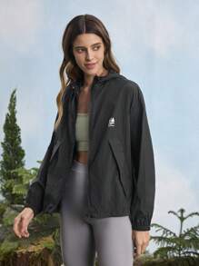 In My Nature 女式休闲抽绳连帽轻便夹克，百搭户外徒步女装 - 黑色 - 查看 10