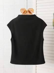 SHEIN Tween Girls' Elegant Mock Neck 3D Flower Round Neck Comfortable High Stretch Rib Knit Short Sleeve T-Shirt, Black