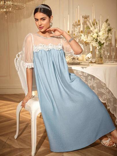 SHEIN 复古法式宽松撞色蕾丝泡泡袖超长睡裙，适合婚礼季节