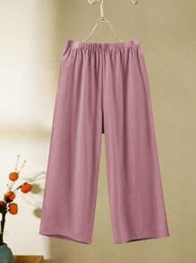 Plus Size Vacation Casual Solid Color Batwing Sleeve Shirt And Pants 2pcs Set - Dusty Pink - View 3