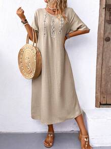 EMERY ROSE Women's Casual A-Line Dress With Botanical Embroidery, Round Neck, Short Sleeves, Summer - Apricot - View 3