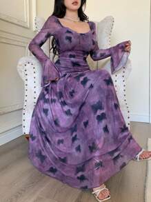 Modelyn Robe longue femme à manches longues évasées avec maille papillon, ourlet asymétrique. Minimaliste et élégante, pour l'été - Prune - Voir 5