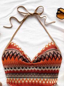 Soleia Geo Print Tie Backless Hanky Hem Halter Top