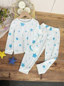 2 Stücke/Set Kleine Mädchen Weich Glatt Baumwolle Strick Stern Mond Muster Weiß Rundhals Lang Ärmel Hose Pyjama Set, Geschwister Kombination