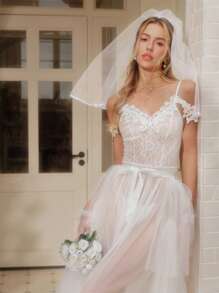 2pcs Set: Lace Patchwork Dress + Panties, Romantic Floral Print Sleepwear For Women, Suitable For Wedding - White - View 1