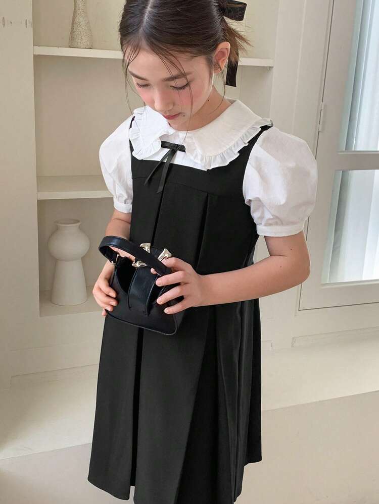 Tween Girl Colorblock Doll Face Woven Short Sleeve Dress, Summer,Back To School Clothes