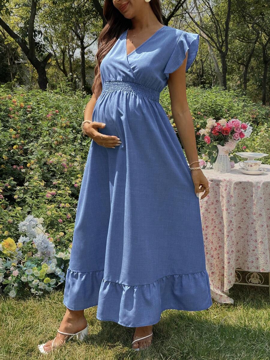 SHEIN Elegant Maternity V-Neck Ruffle Sleeve Dress For Summer - Blue - View 1
