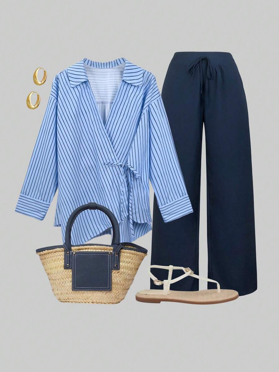 SHEIN LUNE Conjunto de camisa envolvente con lazada y pantalones de rayas para tallas grandes - Azul Marino - Ver 1