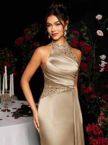 Coutiva Women's Solid Color Ruched Rhinestone Decor Sleeveless Elegant Evening Dress, Formal, Party Dress, Gown, For Wedding Guest - Champagne - View 4