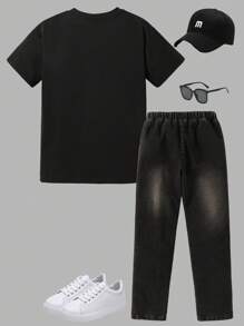 SHEIN 2pcs/Set Boys Teenager European & American High Street Spider Web Print T-Shirt And Ripped Red Patch Skinny Jeans Outfit For Spring/Summer - Black - View 2