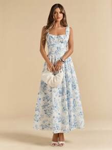 SHEIN BAE 夏季度假约会旅游连衣裙情人节连衣裙小碎花连衣裙野餐连衣裙优雅连衣裙 - 藍色 - 查看 5