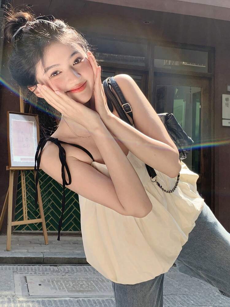 Women's Contrast Strap Bow Lantern Hem Camisole Vacation Summer Tank Top Babydoll Top