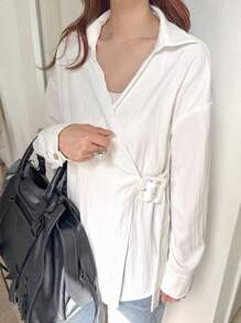 FRIFUL Camisa feminina de cor sólida com ombros caídos e manga comprida, casual, com cinto solto na cintura, outono - Branco - Ver 4