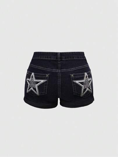 ROMWE Avant Women's Y2K Star Low Waist Denim Shorts