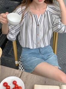 DAZY 女士休闲假日条纹长袖衬衫，夏季