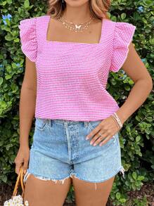 SHEIN VCAY Plus Size Casual Plaid Cap Sleeve Blouse Ruffle Cute Top Summer Top Vacation Party - Hot Pink - View 5