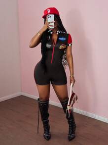 Slaydiva 2025 Summer New Streetwear Rockstar Outfit - Red & Black Contrast Motorcycle Graphic Zip Collar Short Sleeve Jumpsuit, Suitable For Music Festivals, Easter, Nightclub, Racing, Party, Daily Wear, Prom - A