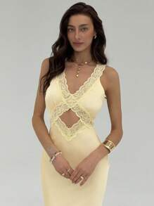 Aloruh Váy ren khoét sâu cho nữ, màu trơn, thời trang, phù hợp cho mùa hè - Màu vàng - Xem 3