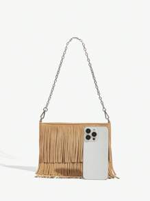 SHEIN ICON Bolso de hombro para mujer, bolso hobo, de moda, personalizado, simple, versátil, de estilo callejero, dulce y cool, para chicas, para chicas calientes, estilo Y2K, retro, con flecos, vintage, con correa de hombro con cadena, estilo occidental, para adolescentes, para festival de música, bolso de estilo bohemio para mujer, perfecto para ocasiones de rodeo - Marrón - Ver 6