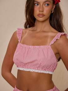 MUSERA Square Neck Ruffle Strap Gingham Lace Trim Crop Top Only Spring Vacation Cute Elegant Sweet Escape Elegant - Red and White - View 4
