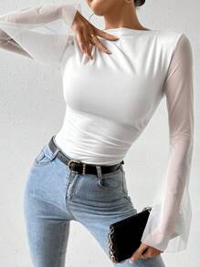 SHEIN 女士简约纯色网眼拼布喇叭袖紧身衣 - 白色 - 查看 6