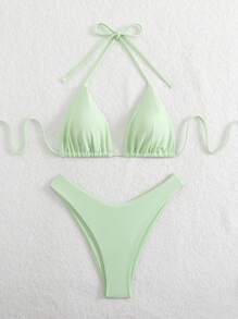 Swim Mod 女士纯色露背比基尼套装，简约时尚，适合日常休闲海滩穿着 - 綠色 - 查看 5