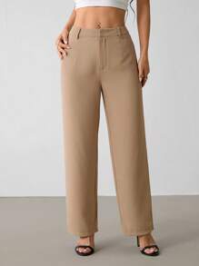SHEIN PETITE Solid Color Straight Leg Pants, Minimalist Fashion Suitable For Summer In Fall/Winter