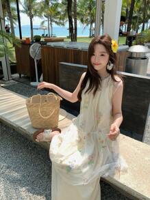 DAZY Women's Ruffled Casual Resort Layered Midi Dress With Embroidery And Mesh, Spring & Summer Sundress - White - View 2