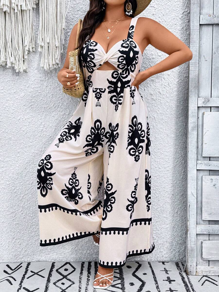 SHEIN VCAY Damen Große Größen Jumpsuit mit Blume Muster und Twist Design ohne Ärmel