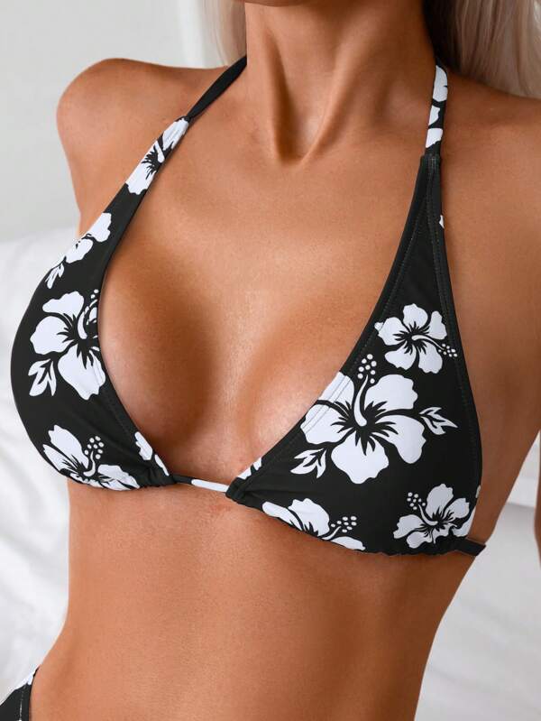 SHEIN Swim Women Open Back Floral Print Halter Sexy Bikini Top For Summer Beach