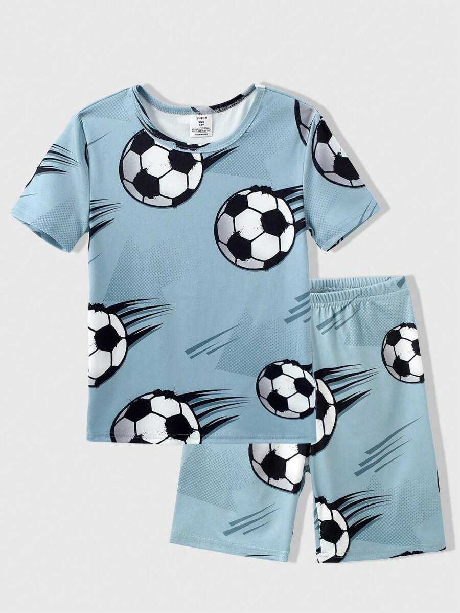 Boy Pajamas: 2pcs Snug Fit Activewear Short Sleeve T-Shirt And Shorts Set With Stylish Football Print For Tween Boys