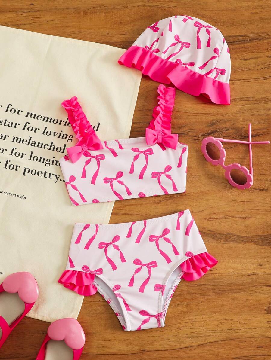 Baby Girl Printed Bow Bikini With Random Printed Sun Hat - Multicolor - View 1