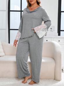 Plus Size Color Block Lace Patchwork Pajama Set, Top & Pants - Grey - View 3