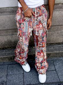 Manfinity EMRG Men's Street-Sport Style With An INS-Inspired Look, Featuring High-Street Bohemian Geometric-Pattern Yarn-Dyed Textured Jacquard Pants In An American Vintage Slight-Flared Cut With A Raw Hem. These Pants Are Perfect For Music Festivals, And Make A Great Gift For A Boyfriend Or Husband. They Bring A Streetstyle, Y2K Vibe To Any Wardrobe. Vintage American Style Men Geometric Print Cargo Pants With Pockets, Streetwear, Fall