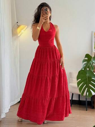 Gloray 女士细肩带 V 领露背蛋糕形连衣裙